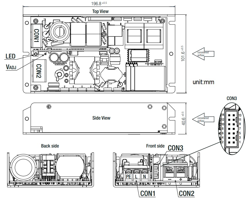Mechanical Drawing - RECOM Power RACM600-L AC-DC Power Supplies
